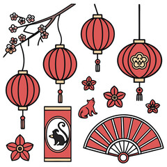 Chinese New Year Icon Set with Lanterns, Zodiac Symbols, Cherry Blossoms, and Decorative Elements