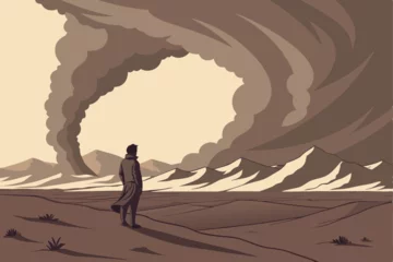 Selbstklebende Fototapeten Cappuccino 148 a man standing in a vast, desolate landscape with a massive dust storm swirling in the background, dramatic cloudy sky, sense of isolation and power of nature, cinematic, epic, 8k, highly detailed  © Manik Mia