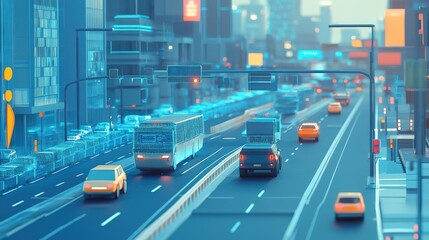 Futuristic city street scene with digital overlays.