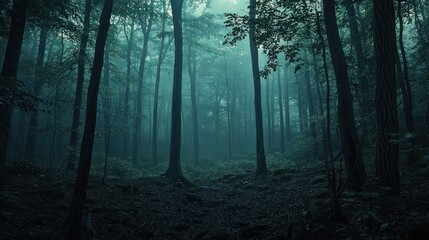 A deep forest with ghostly apparitions at dusk