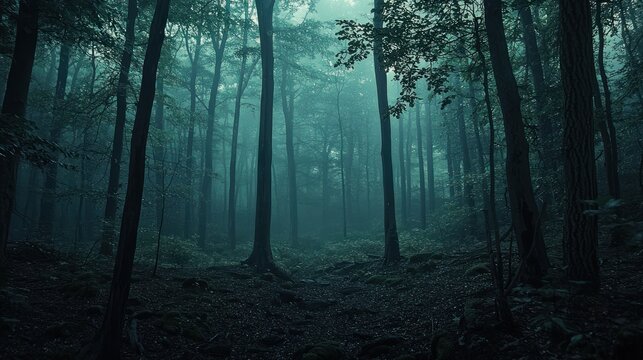 Fototapeta A deep forest with ghostly apparitions at dusk