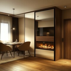 Modern living area with fireplace and furniture.