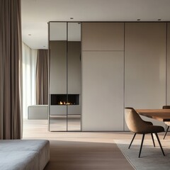 Modern living space with fireplace and storage.