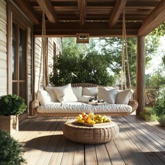 Wooden porch with swing and sofa