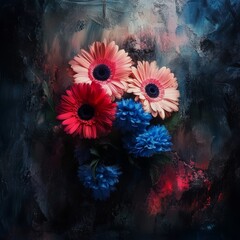 Pink gerberas, blue roses, daisies on dark backdrop