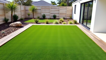 A rectilinear expanse of synthetic turf, emerald in hue, provides a low maintenance lawn alternative