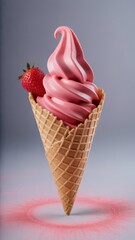 A sweet strawberry ice cream cone with a waffle offers a delicious and cold summer dessert