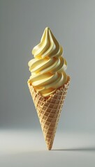 A golden ice cream cone holds a sweet, cold, vanilla dessert in a crispy waffle, perfect for a delicious summer treat
