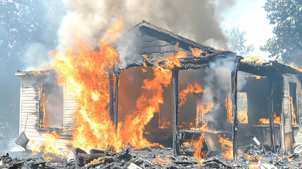 Burning house engulfed in flames