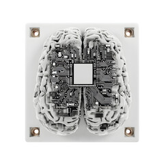 Artificial intelligence brain with circuit board on a white square background top down view