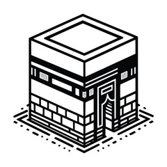 Isometric monochrome line work shows the holy Kaaba in Mecca with geometric patterns