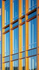 Modern glass building reflects blue sky and golden light