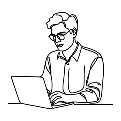 Continuous line drawing shows a man with glasses using a laptop on transparent background