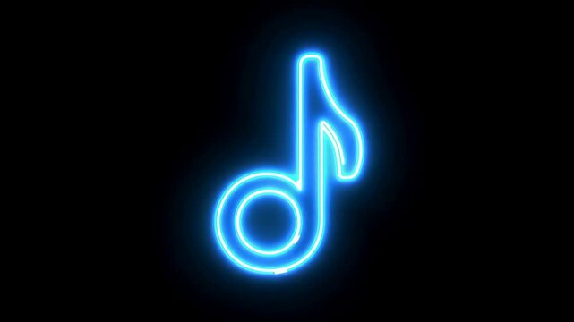 Neon glowing blue music note icon on dark background representing sound, audio, and digital melody