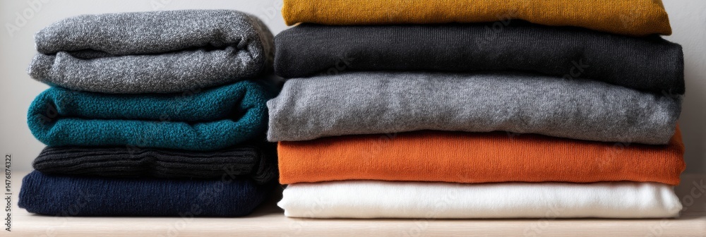 Poster neatly folded athletic clothes stacked in an organized manner showing an inviting and tidy space for