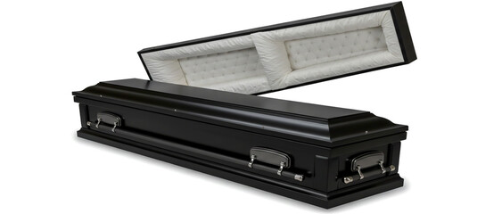 Elegant black casket with open lid displaying interior funeral preparation concept