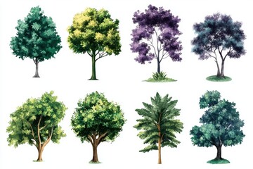 Obraz premium Watercolor Tree Collection Green Nature Lush Foliage Plants Summer Botanical Illustration Set Design