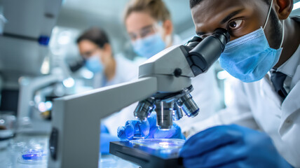 Scientist peering through a microscope in a research lab, wearing protective gear. Research and scientific exploration.