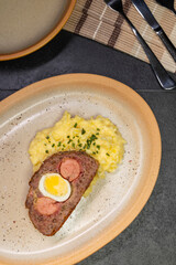 Typical Czech cuisine minced roast pork and beef with egg, sausage and mashed potatoes
