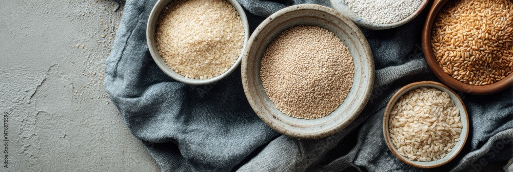 Poster Whole Grains Displayed in Bowls on Textured Cloth Create a Rustic Aesthetic in a Natural Setting and Highlight Diverse Grains Used in Healthy Diets