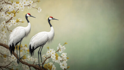 Naklejka premium Graceful White Cranes Perched on a Blossoming Tree Branch Against a Serene Soft Green Background
