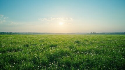 Serene meadow landscape with sun shining through cloud on summer day
