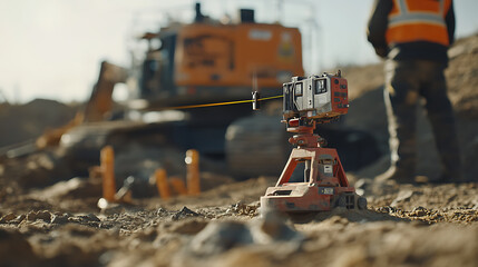 Construction Site with Surveying Equipment and Worker