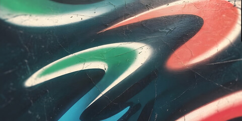 Colorful abstract graffiti art fragment featuring flowing shapes and textures on a cracked surface with blue green and red highlights