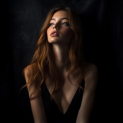 Naklejka premium A woman with auburn hair gazes upward, softly lit against a dark backdrop. Her expression is serene and thoughtful