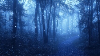 Naklejka premium A foggy, enchanted forest with mysterious lights