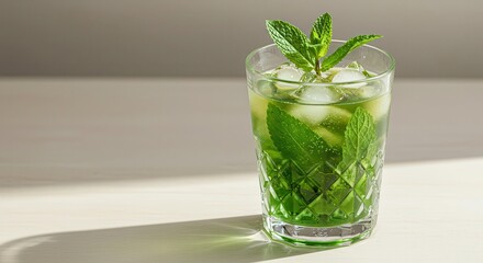 Refreshing Green Mint Beverage with Ice and Fresh Mint Leaves in a Glass on a Light Surface, Perfect for Hot Days and Summer Gatherings