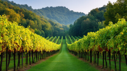 A tranquil vineyard landscape features rows of grape vines extending toward lush green hills under a bright daytime sky in a beautiful rural wine region vista.