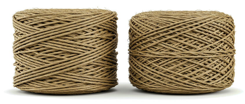Two spools of natural twine isolated on a white background ready for craft or rustic decor.