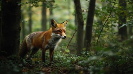 Fototapeta premium A fox sneaking through a thick, mysterious forest