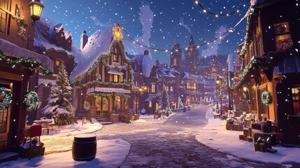 Snowy winter evening scene in a charming European village.