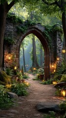 Obraz premium Fairytale forest ancient pathway concept. A mystical forest path leads through a stone archway, illuminated by soft lanterns amidst lush greenery.