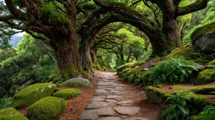 Fototapeta premium Fairytale forest ancient pathway concept. Lush forest path winding through ancient, moss-covered trees and vibrant greenery.