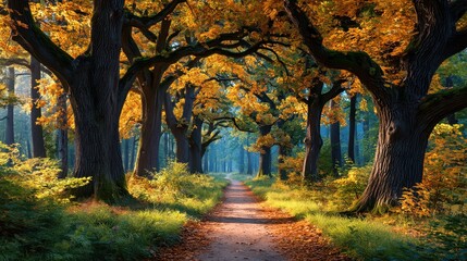 Fairytale forest ancient pathway concept. A serene forest path lined with vibrant autumn trees and dappled sunlight filtering through the leaves.