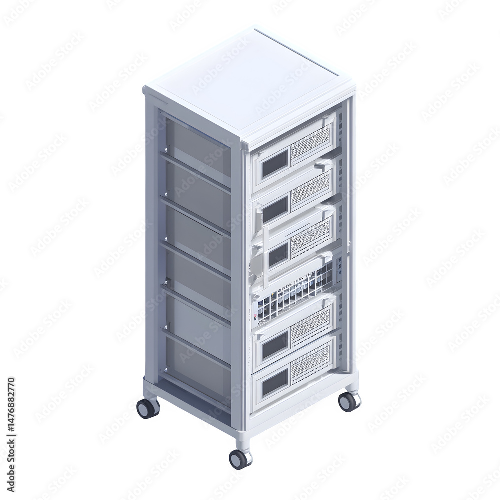 Poster isometric server rack illustration displayed on a white background, showing rows of servers and netw