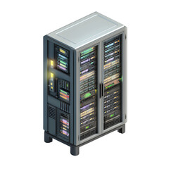 Isometric server rack illustration displayed on a white background, showing rows of servers and...