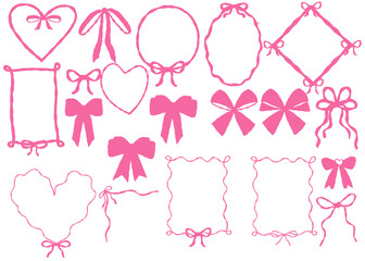 Set of vintage bow, ribbon coquette pink ,hearts ,frame illustration hand drawn doodle vector
