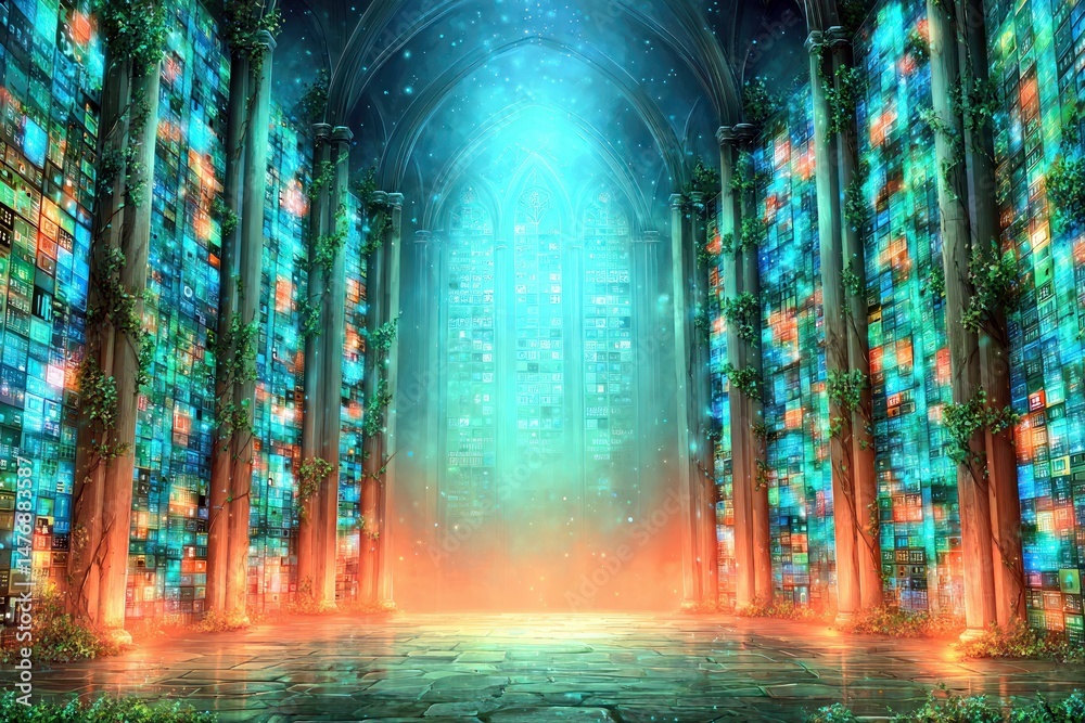 Poster enchanting digital library hall glowing with vibrant lights and lush green vines growing on ancient 