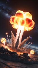 Cataclysmic Missile Blast Under a Starry Sky: A 3D Render of a Massive Fireball, Billowing Smoke, and Fiery Debris Erupting in a Rocky Landscape Amid Secondary Explosions and Cosmic Backdrop

