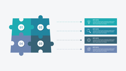 infographic 4 point stage template with puzzle jigsaw shopping bag with rectangle shape stack for slide presentation vector