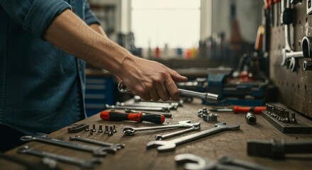 Hands using tools on a workbench