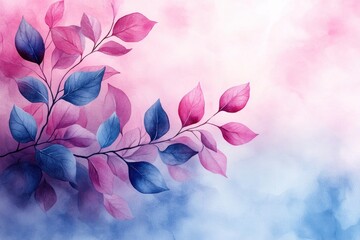 Fototapeta premium Watercolor painting with pink and blue leaves on a branch in the corner. Perfect for backgrounds, stationery, or invitations for a soft touch.