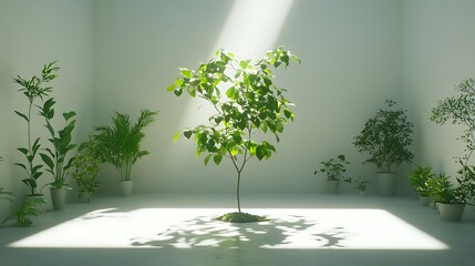 Tree in bright interior with plants and sunlight