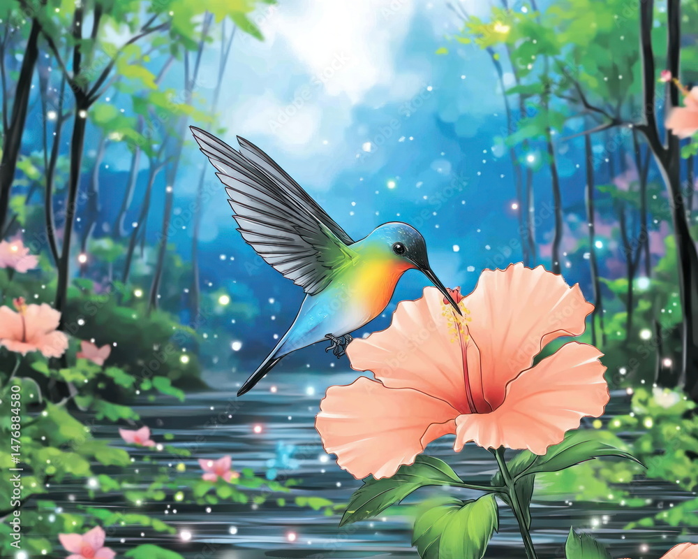 Aufkleber a beautifully illustrated hummingbird sips nectar from a peach-colored hibiscus in a magical, glowin