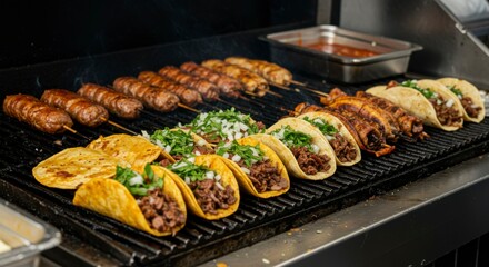 Grilled tacos and various meats cooking on a commercial grill