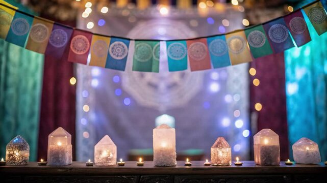 Feng shui and Spiritual Concept ,Serene Candles and Crystals for Meditation Tranquility with Soft Lights and Spiritual Decor